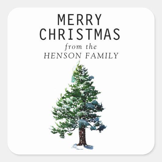 水彩松の木の家族の芸術的クリスマス スクエアシール (正面)