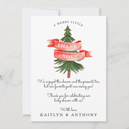 水彩松の木の小さなメリー赤ちゃんシャワー サンキューカード (正面)