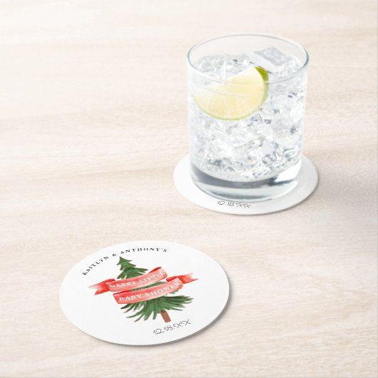 水彩松の木の小さなメリー赤ちゃんシャワー ラウンドペーパーコースター (インサイチュ)