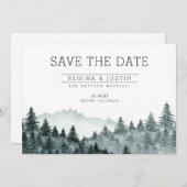 水彩松の木の山の日付を保存 招待状 (正面/裏面)