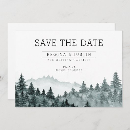 水彩松の木の山の日付を保存 招待状 (正面/裏面)