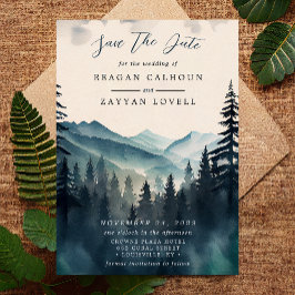 水彩松の木の山の日付カードを保存 招待状