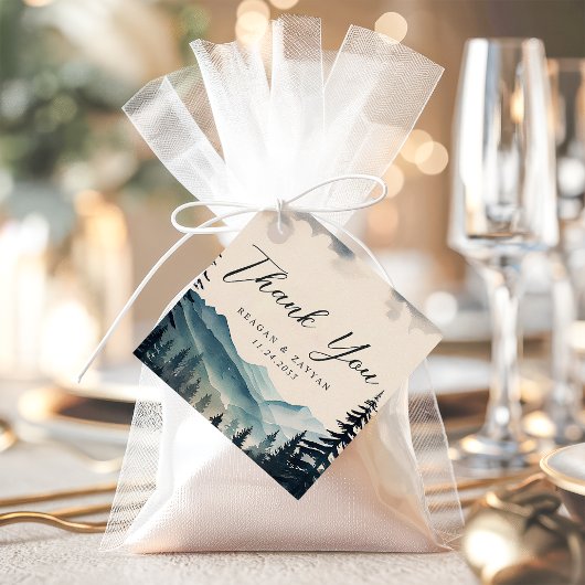 水彩松の木の山結婚の感謝 フェイバータグ