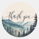 水彩松の木の山結婚の感謝 ラウンドシール (正面)