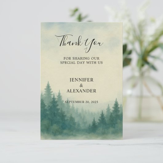 水彩松の木の森ありがとう結婚のカード サンキューカード (スタンド正面)