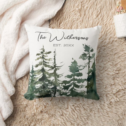 水彩松の木の森とカスタム家族の名前 クッション (ブランケット)
