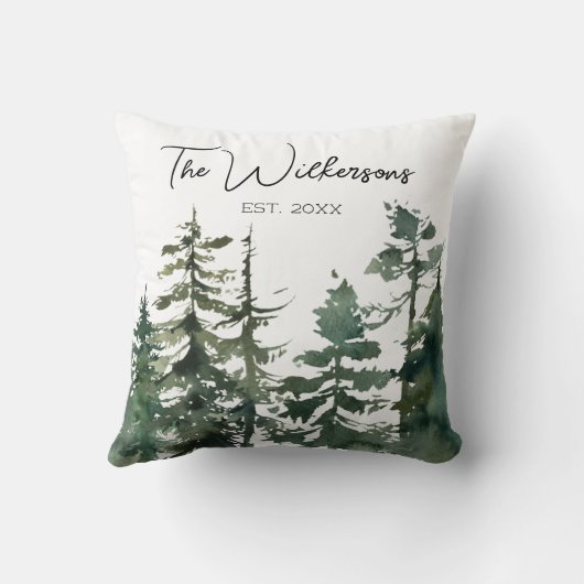 水彩松の木の森とカスタム家族の名前 クッション (裏面)