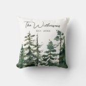 水彩松の木の森とカスタム家族の名前 クッション (正面)