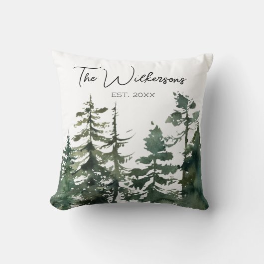 水彩松の木の森とカスタム家族の名前 クッション (正面)