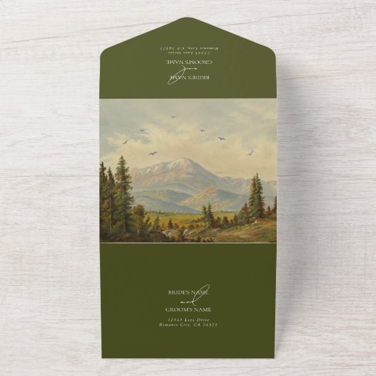 水彩松の木の森の山結婚の色 オールインワン招待状 (外側)