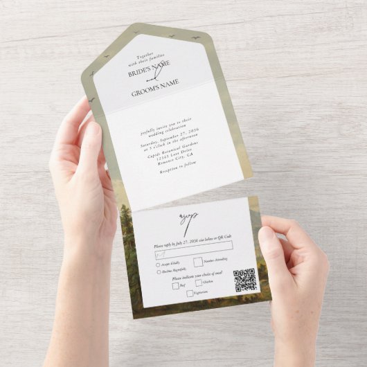 水彩松の木の森の山結婚の色 オールインワン招待状 (貼ってはがせる)