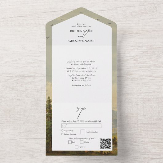 水彩松の木の森の山結婚の色 オールインワン招待状 (内側)