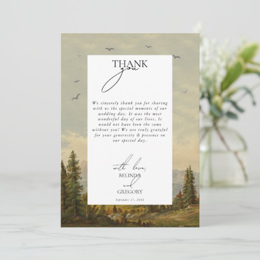 水彩松の木の森の山結婚の色 サンキューカード (スタンド正面)
