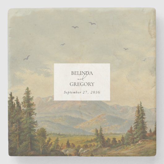 水彩松の木の森の山結婚の色 ストーンコースター (正面)