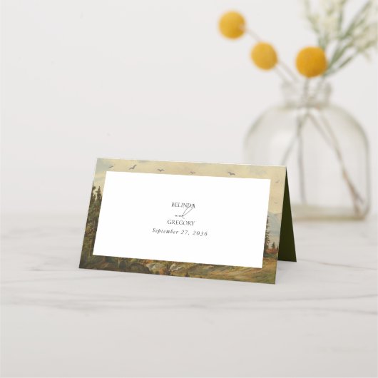 水彩松の木の森の山結婚の色 プレイスカード (裏面)