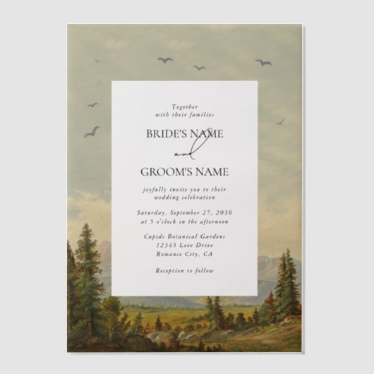 水彩松の木の森の山結婚の色 ベラム紙招待状 (正面)