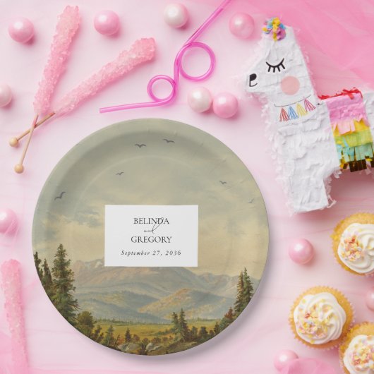 水彩松の木の森の山結婚の色 ペーパープレート (パーティー)