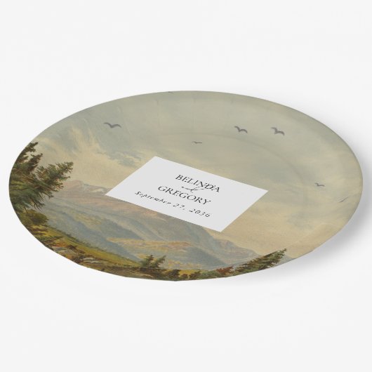 水彩松の木の森の山結婚の色 ペーパープレート (アングル)