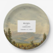 水彩松の木の森の山結婚の色 ペーパープレート (正面)
