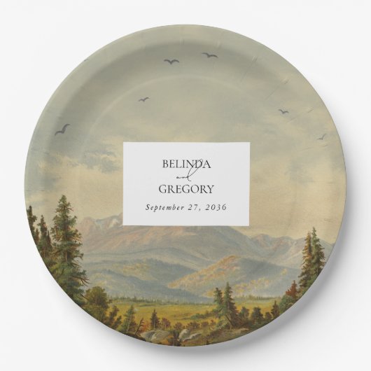 水彩松の木の森の山結婚の色 ペーパープレート (正面)