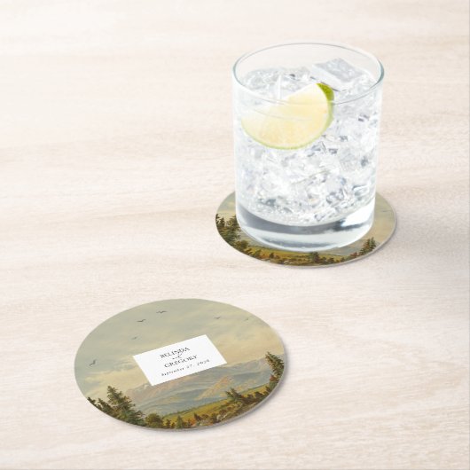 水彩松の木の森の山結婚の色 ラウンドペーパーコースター (インサイチュ)