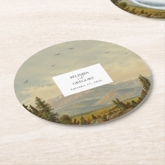 水彩松の木の森の山結婚の色 ラウンドペーパーコースター (アングル)