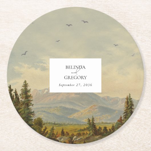 水彩松の木の森の山結婚の色 ラウンドペーパーコースター (正面)