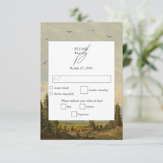 水彩松の木の森の山結婚の色 出欠カード (スタンド正面)