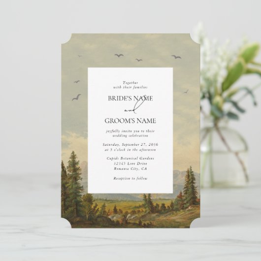 水彩松の木の森の山結婚の色 招待状 (スタンド正面)