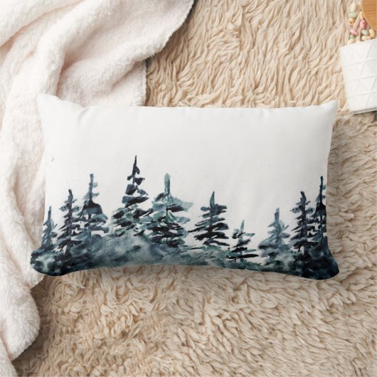 水彩松の木の森の白黒 ランバークッション (ブランケット)