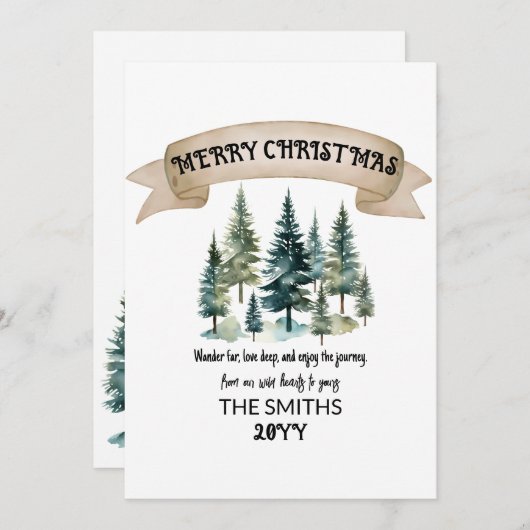 水彩松の木の森メリークリスマス シーズンカード (正面/裏面)