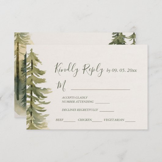 水彩松の木の森結婚の食事の選択 出欠カード (正面/裏面)