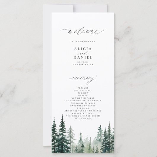 水彩松の木の行き先の結婚式プログラム (正面)