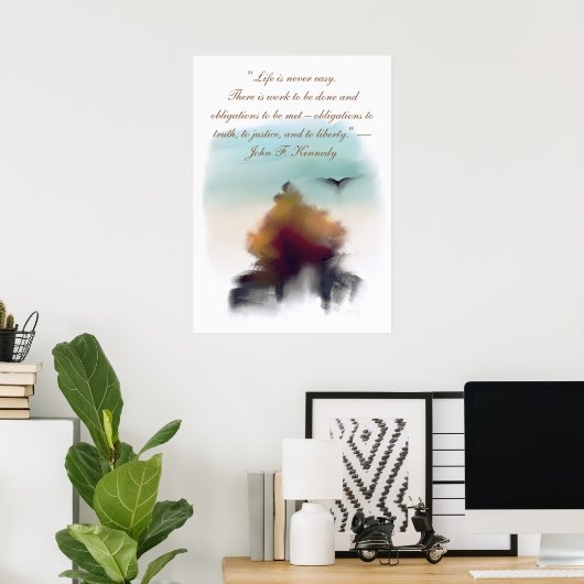 水彩松の木の飛んでいる鷲の風景 ポスター (ホームオフィス)