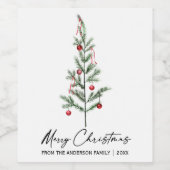 水彩松の木カリグラフィーインククリスマス ワインラベル (シングルラベル)