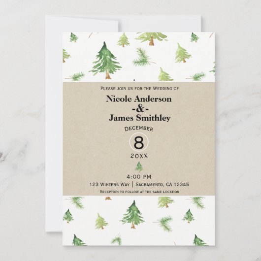 水彩松の木クラフト&ホワイト素朴結婚ズ 招待状 (正面)
