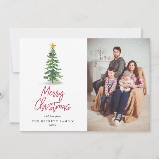 水彩松の木クリスマスホリデーフォト シーズンカード (正面)