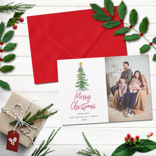 水彩松の木クリスマスホリデーフォト シーズンカード