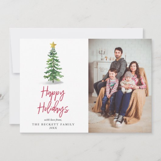 水彩松の木クリスマスホリデーフォト シーズンカード (正面)