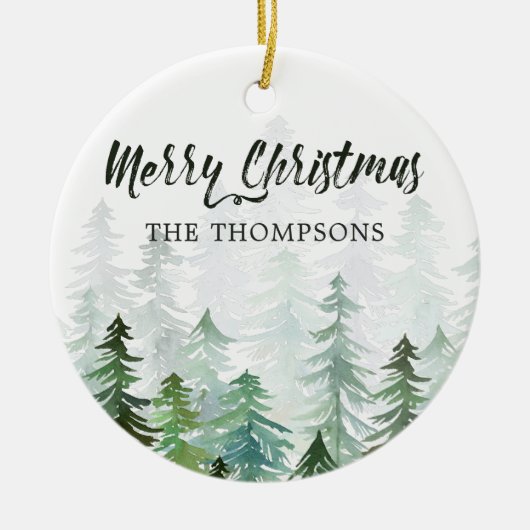 水彩松の木クリスマス写真 セラミックオーナメント (正面)
