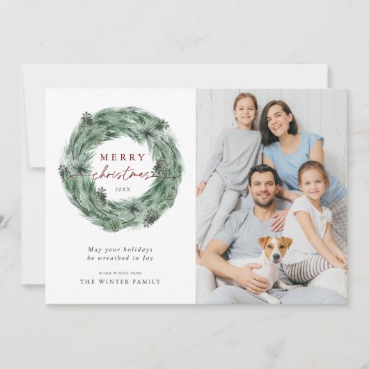 水彩松の木リースメリークリスマスフォト シーズンカード (正面)