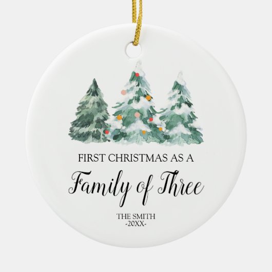 水彩松の木3人家族  セラミックオーナメント (正面)