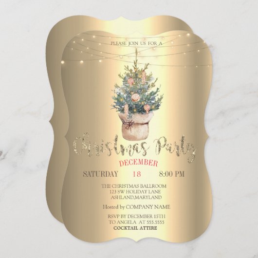 水彩松の木、オーナメント金ゴールドクリスマス 招待状 (正面/裏面)