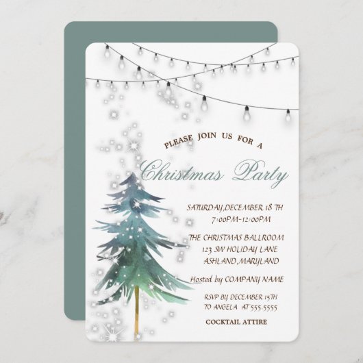 水彩松の木、輝き、光、クリスマスパーティー 招待状 (正面/裏面)