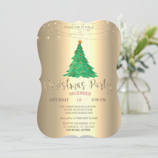 水彩松の木、金ゴールドクリスマスパーティー 招待状 (スタンド正面)