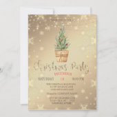 水彩松の木、金ゴールドクリスマスパーティー 招待状 (正面)