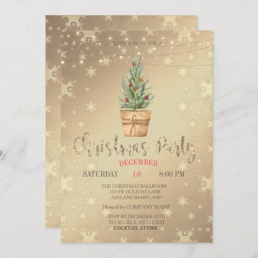 水彩松の木、金ゴールドクリスマスパーティー 招待状 (正面/裏面)