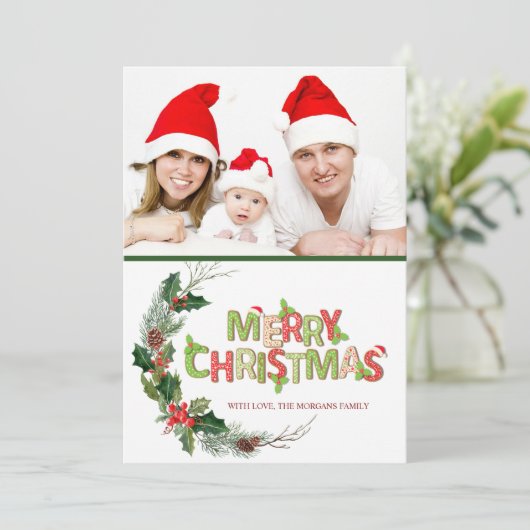 水彩松の枝の写真で楽しいクリスマス (スタンド正面)