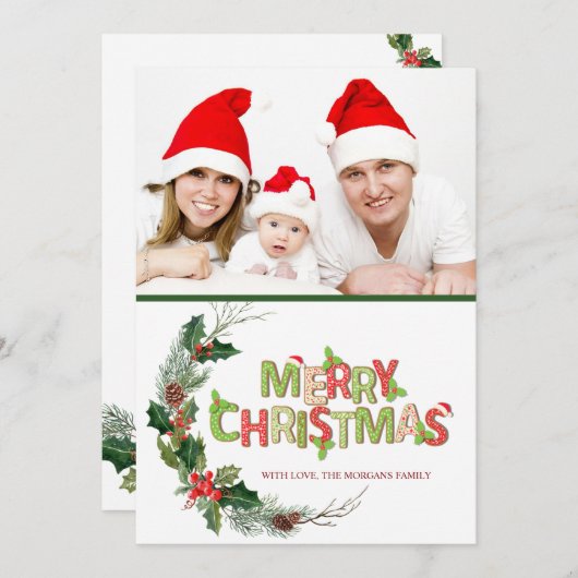 水彩松の枝の写真で楽しいクリスマス (正面/裏面)