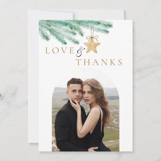 水彩松の枝の冬のウェディングフォト サンキューカード (正面)